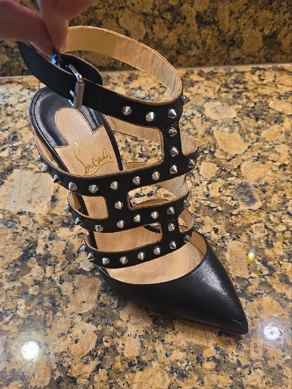 Christian Louboutin Black Leather Studded Strappy Pointed-Toe Pumps - Picture 9 of 15